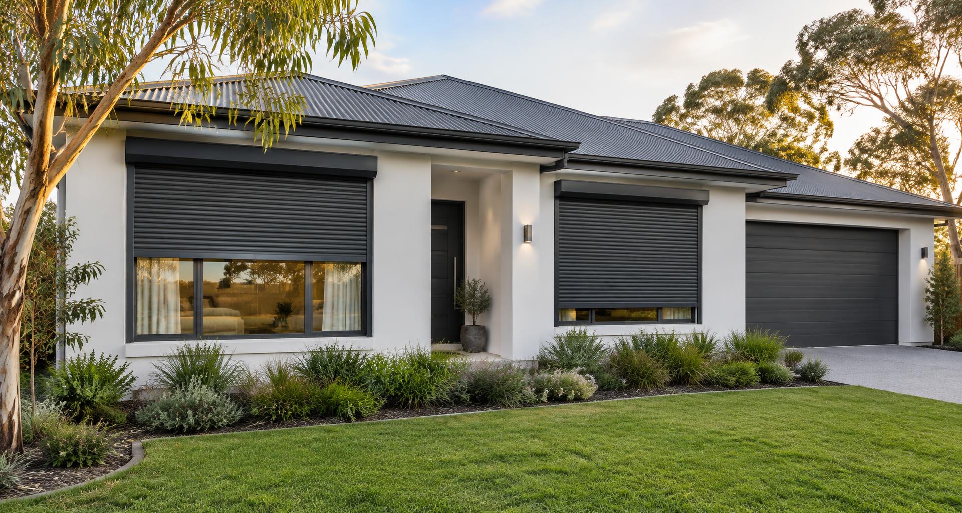 Modern Australian home with charcoal aluminium roller shutters
